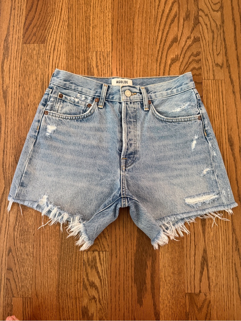 AGOLDE Parker Long Denim Shorts Size 24 Swapmeet High Rise Distressed Jean Short